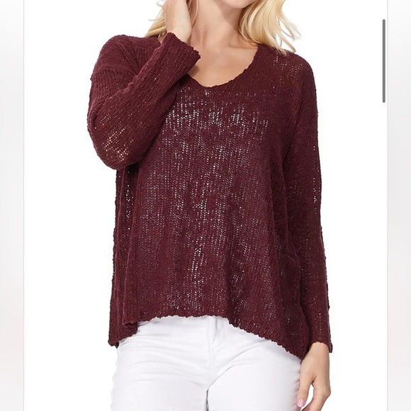 Ye Mak Burgundy V-Neck Sweater Lightweight Pullover Summer Open Knit Sz Small - Picture 8 of 8